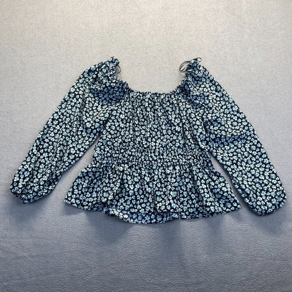 NINE WEST Fashion Top Size XL Long Sleeves Square Neck Peplum Blouse Black/Green - Picture 2 of 9